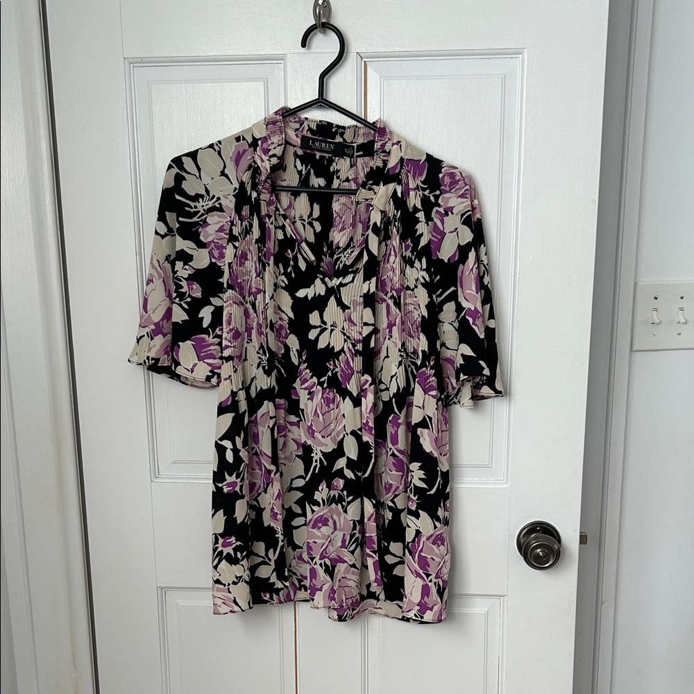 Lauren Ralph Lauren Black Floral V-Neck Short Sleeve Top